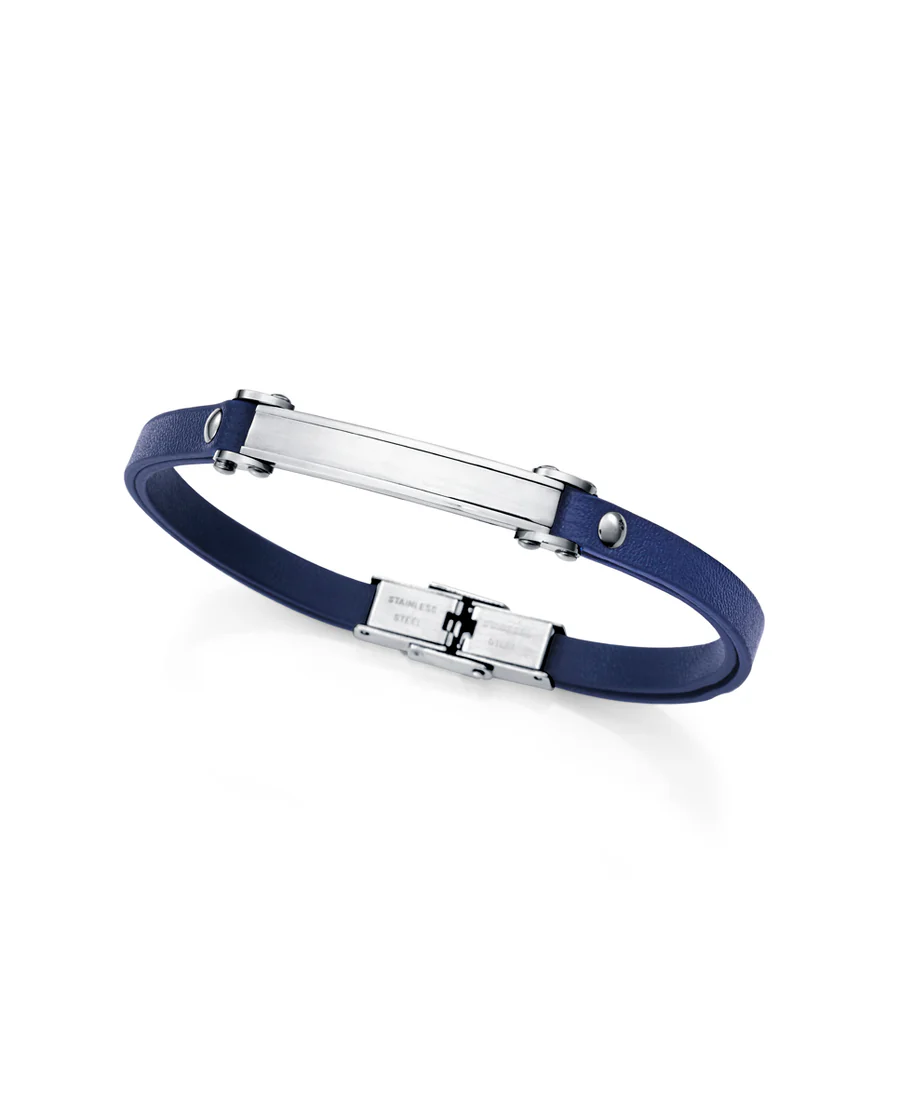 Pulsera de hombre de acero y piel azul Ref: 75379P01013